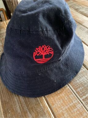 Timberland Navy Bucket Hat with Red Interior Trim and Logo